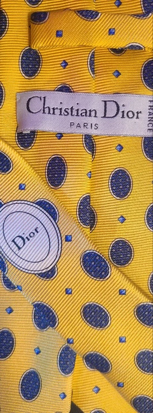 Dior Yellow Silk Tie with Navy Oval Motif